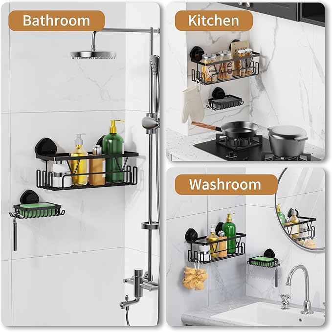ZUNTO Suction Cup Shower Caddy with Extra Soap Holder, No Drill Shower Shelf Organizer Set with Hooks, Wall Mounted Storage Shelves Organizer for Bathroom and Kitchen, Pack of 2