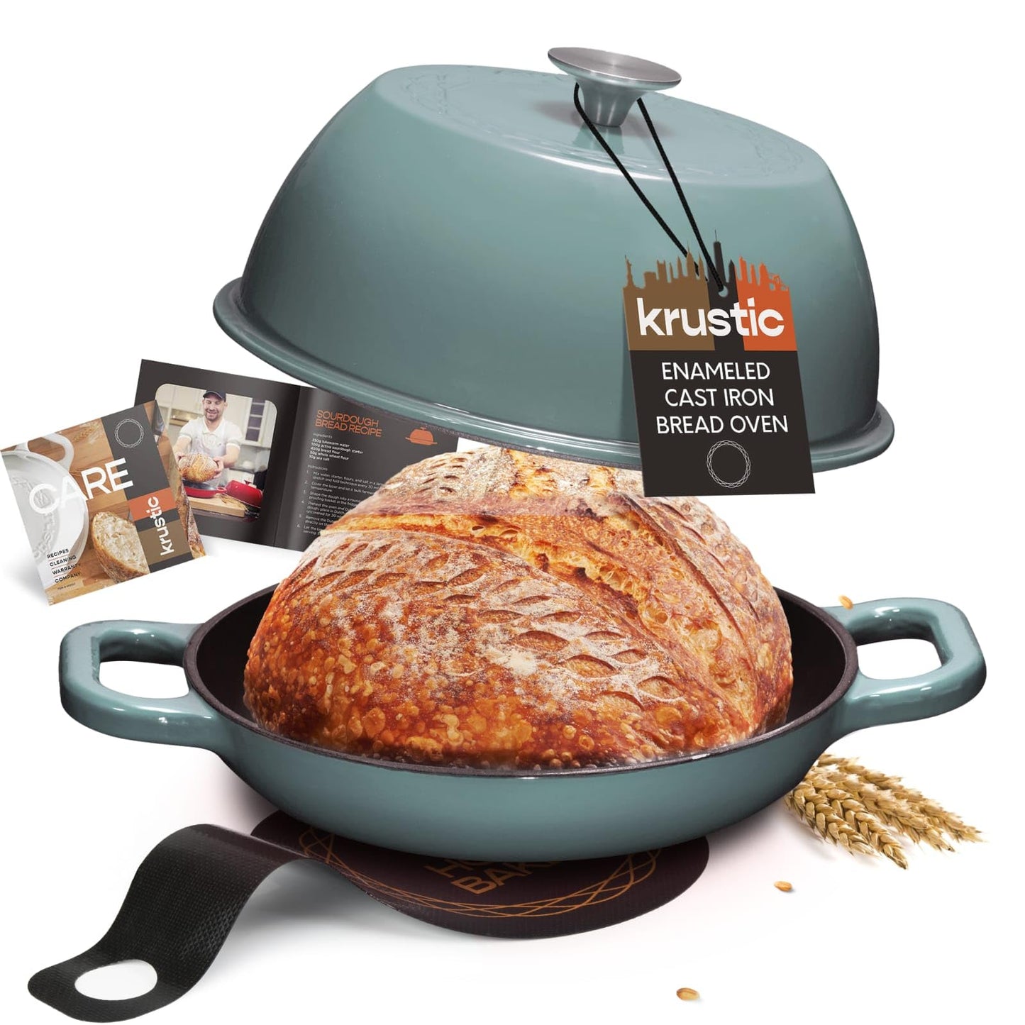 Krustic Enameled Cast Iron Dutch Oven for Sourdough Bread Baking | 6 Quart Round Pot with Lid | 10 Inch Ceramic Enamel Thick Coated Cookware Set with Non Stick Silicone Baking Mat for Cooking | 6 Qt | Red