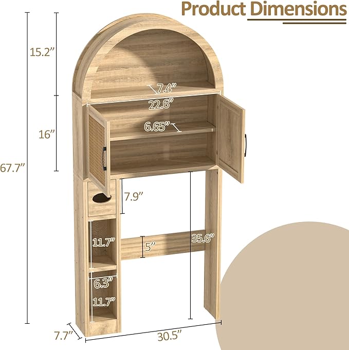 Spurgehom Over The Toilet Storage Cabinet, Bathroom Shelf Organizer Freestanding, Bathroom Arch Cabinet Over Toilet with Toilet Paper Holder and Anti-Tipping Device (Wood & Wicker Door)