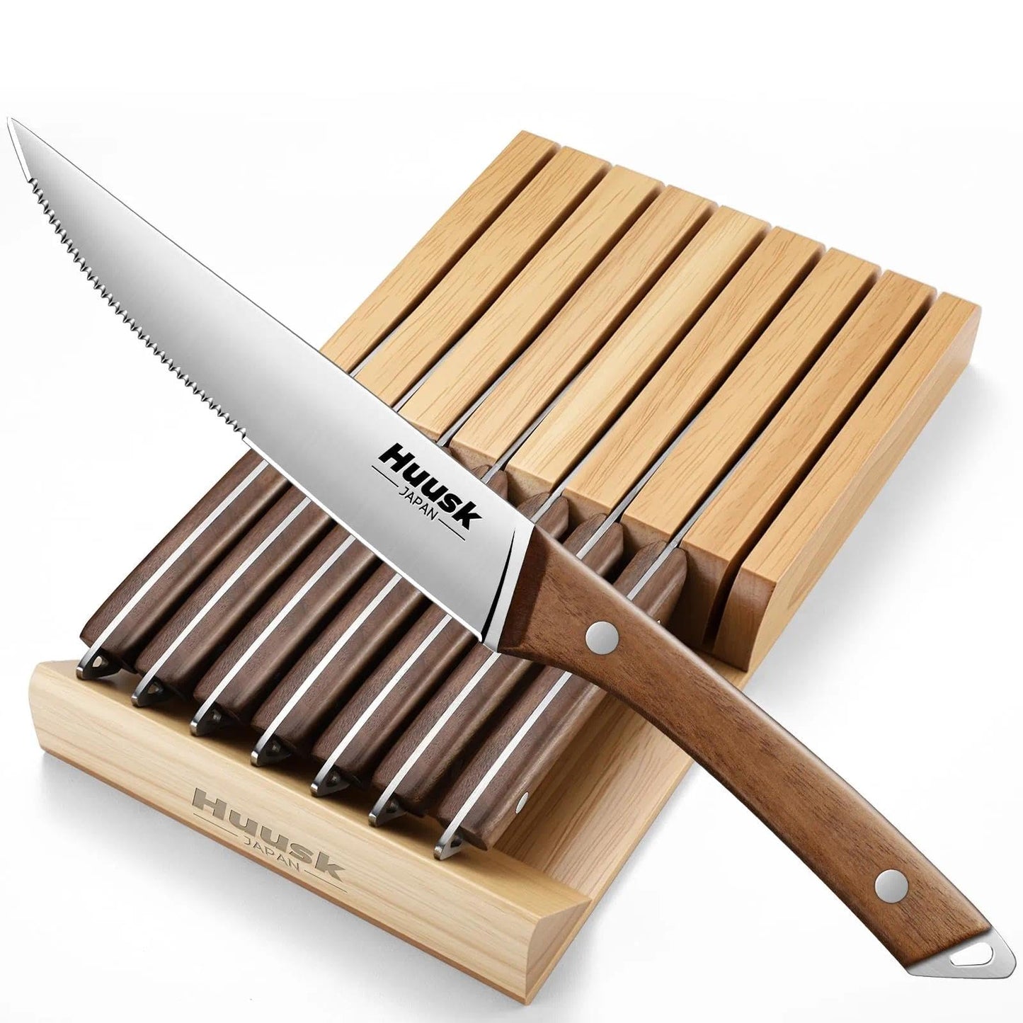 Huusk Steak Knives Set of 8 with Wood Block, Serrated & Straight Dual-Edge
