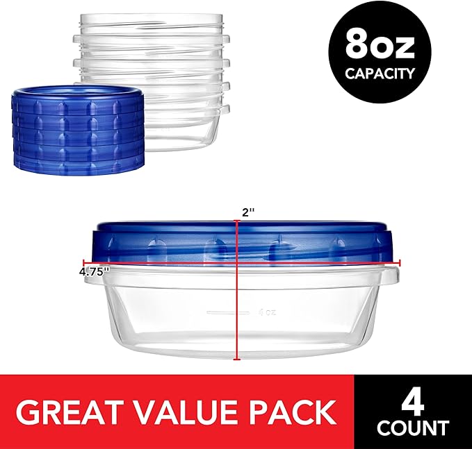Stock Your Home 8oz Plastic Containers with Twist Top Lids (4 Pack), 1 Cup Small Freezer Containers for Leftover Food, Airtight Reusable Soup Containers with Lids, Microwave and Dishwasher Safe