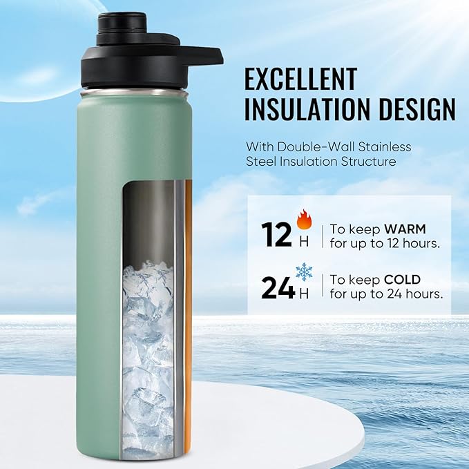 24 oz Insulated Water Bottle with Handle, 304 Stainless Steel Water Bottles with Wide Mouth, Double Wall Vacuum Sports Water Bottle, BPA Free, Keep Cold and Hot, Forest Green