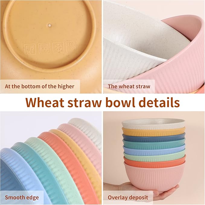 becutlery Reusable Bowls Set Unbreakable Cereal Bowls,24 OZ Wheat Straw Fiber Lightweight Bowl Sets 8, Microwave and Dishwasher Safe,Use for Ramen, Soup, Salad -Multi Color