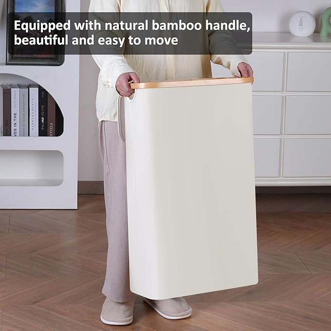 Slim Laundry Hamper,Narrow laundry Hamper with Lid,60L Hamper for Laundry,Dirty Cloth Hamper with Bamboo Handle for Toys,Towels, Clothes Organizing,Beige