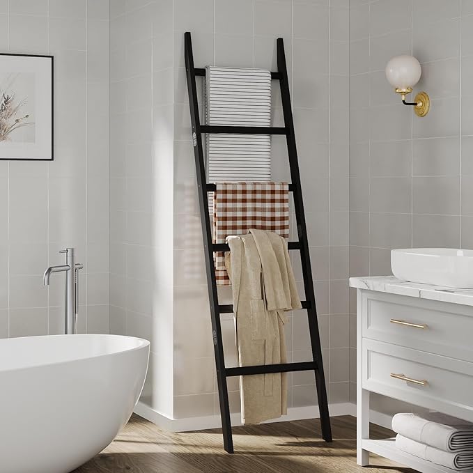 Bamboo Towel Rack 6-Tier Blanket Ladder for Living Room, Bedroom, Bathroom Space-Saving Decorative Ladder for Quilts, Towels and More Black