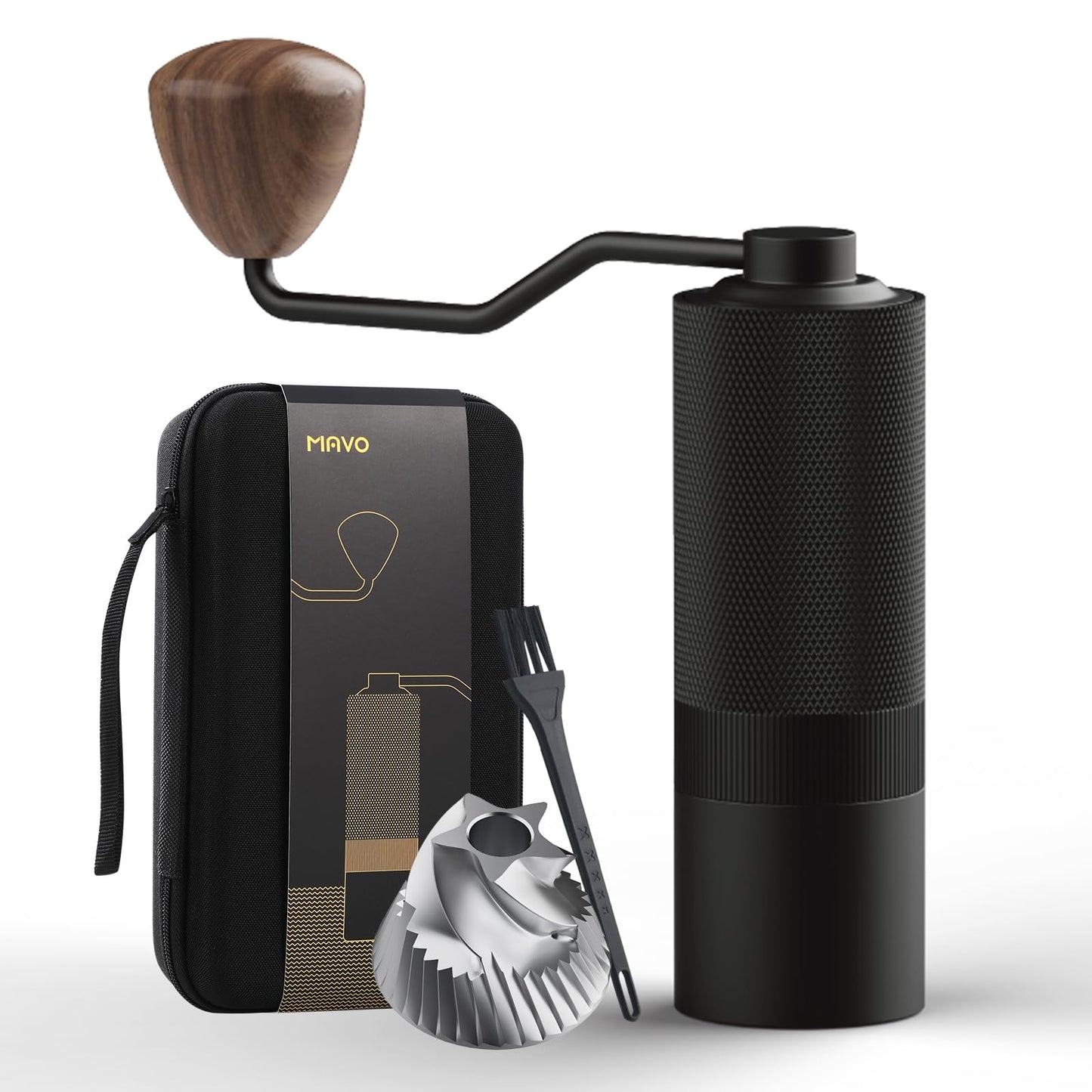 MAVO Manual Coffee Grinder, Wizard Hand Coffee Grinder, Capacity 25g with CNC Stainless Steel Pentagon Conical Burr, Adjustable Setting, Burr Coffee Bean Grinder for French Press, Pour Over, Silver