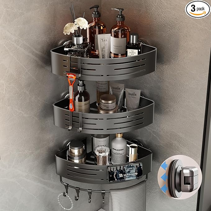 Voldra Corner Shower Caddy Suction Cup, Corner Shower Shelves No Drilling, Aluminum Upgrade Suction Cup Shower Organizer with Towel Bar & Hooks Removable Bathroom Storage Rack(3 Pack,Gray)