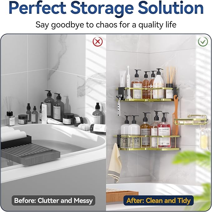 YASONIC Shower Caddy Corner, 3-Pack Adhesive Rustproof Stainless Steel Shower Shelves with Soap Holder, No Drilling Shower Organizer Corner for Dorm, Renters Bathroom, Gold