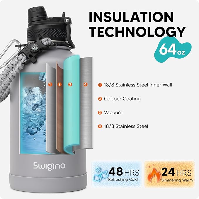 [2-IN-1 LID] 64 oz Insulated Water Bottle with Silicone Boot (48hrs Cold/24hrs Hot) - DIY Stickers, Leakproof, BPA Free, Half Gallon