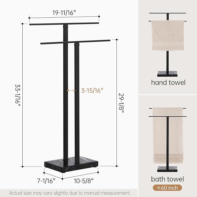 KES Standing Towel Rack with Black Natural Marble Base, 2-Tier Towel Rack Stand for Bathroom Floor, Bath Towel Holder Fits Bath Towel & Hand Towel,18/8 Stainless Steel, BTH217-BBK