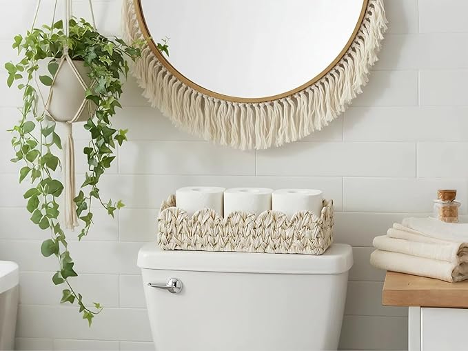 Toilet Basket,Set of 2 Scalloped Baskets for Paper Storage,Back of Toilet Tank Basket for Shelves,Countertop,Tank Topper,White,Rectangle