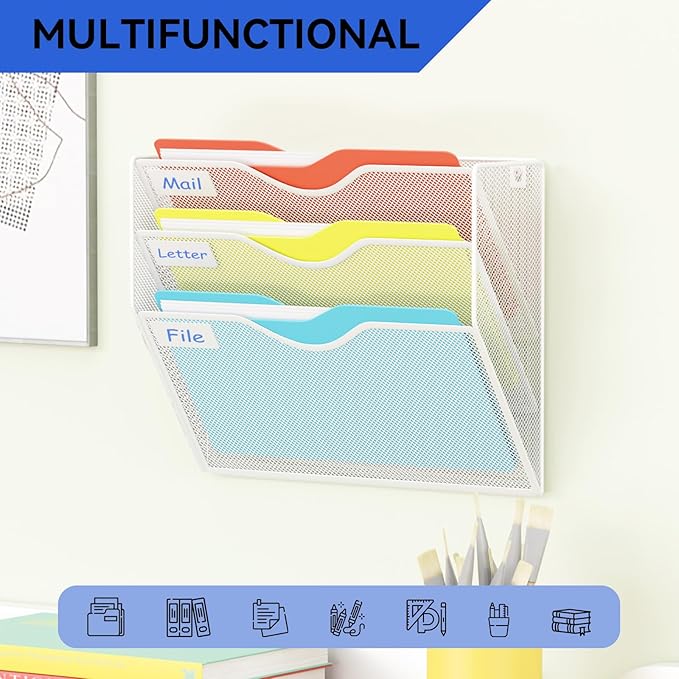 3 Pockets Hanging Wall File Organizer Mail Holder, Wall Mounted Paper Document Folder Holder, Clipboard Storage Organization Magazine Rack, White