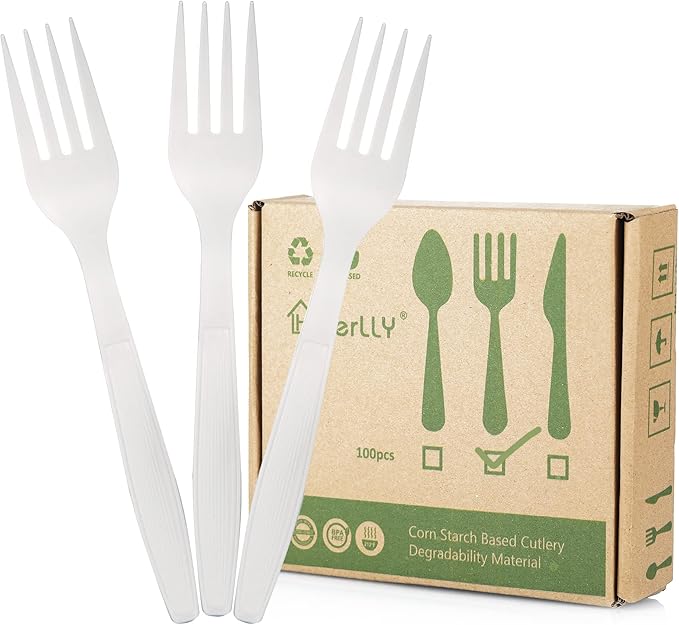 HERLLY Compostable Fork,100 Biodegradable Silverware for Party,Large Disposable Utensils Eco Friendly Durable and Heat Resistant,Alternative to Plastic Fork
