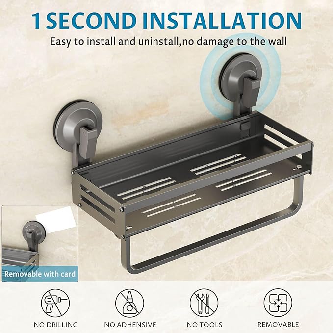 Onemake Shower Caddy Suction Cup, 2 Pack 11.8 inch Aluminum Suction Showers Organizer with Towel Bar & Hooks, Rustproof Shower Shelves, NO-Drilling Bathroom Shelf Storage Rack, Gray