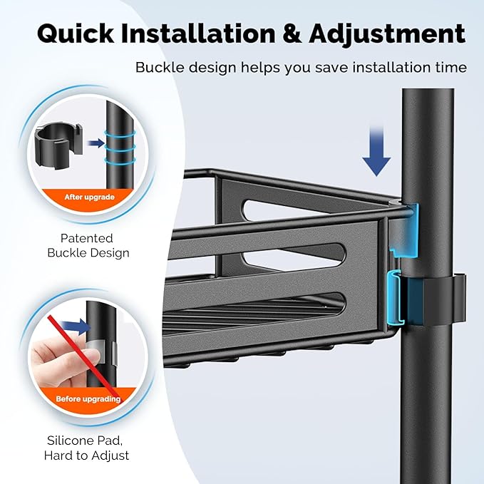 HAMITOR Corner Shower Caddy Tension Pole: Quick Installation 4-Tier Rustproof Bathroom Organizer Shelves for Bathtub Shampoo Storage - 47-121 inch Adjustable Floor Standing Bath Rack Holder - Black