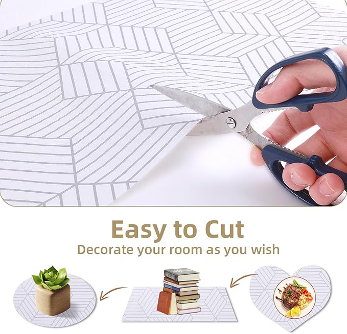 Shelf Liners for Kitchen Cabinets 24in x 30FT, Non Adhesive Cabinet Liner Strong Non-Slip Thickened Silver Geometric Easy to Clean for Shelf, Cabinet, Refrigerator with Knife and Tape Measure