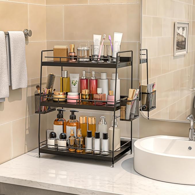 Bathroom Counter Organizer,Bathroom Countertop Organizer with Baskets,Vanity Organizers,Counter Shelf,Countertop Storage, Makeup Organizers(Black)