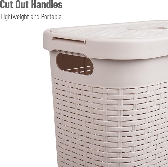 Mind Reader Slim Laundry Hamper with Lid, 40L Clothes Basket, Premium Wicker Design, Plastic, Ivory
