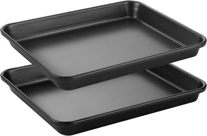 HONGBAKE 2 Pack 11 x 9 Inch Toaster Oven Pans and Trays, Small Baking Sheet Set for Cooking, Non-Stick Cookie Sheets, Heavy-Duty 0.8mm Thick, Easy to Clean, 1.26 Inch Deep, Gold