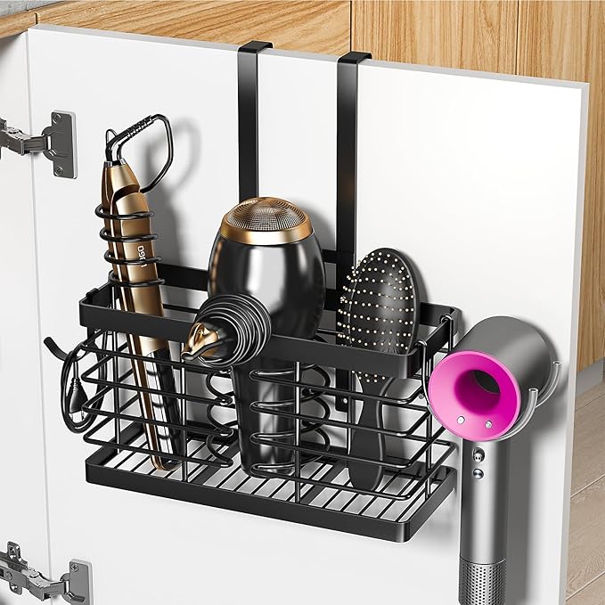 Hair Tool Organizer, 2026 Upgraded 3-in-1 Universal Hair Dryer Holder, Adjustable Height Metal Blow Dryer Holder Wall Mounted/Over Cabinet Door/Free-Standing (Black)