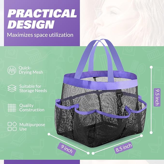 Mesh Shower Caddy Portable for College Dorm Room Essentials with 8 Pockets, Shower Bag for Beach, Swimming, Gym, Travel, Bathroom(Purple)