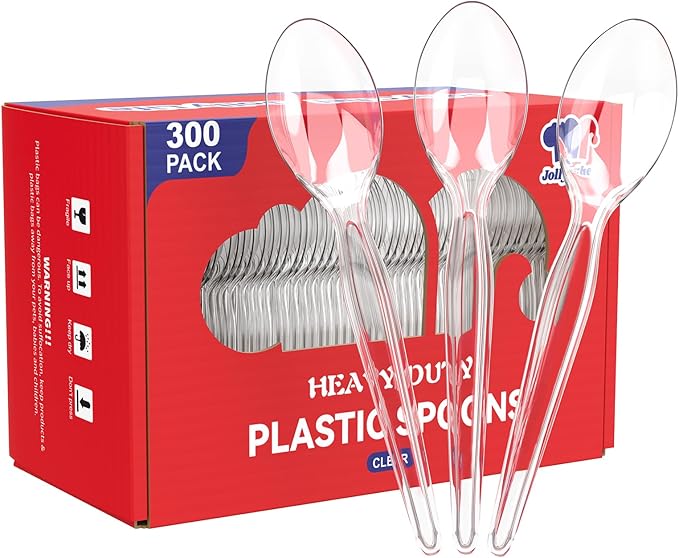 JOLLY CHEF 300 Count Clear Plastic Silverware, 100 Forks, 100 Spoons, 100 Knives, Heavy Duty Disposable Plastic Cutlery Set, Plasticware Bulk, Premium Clear Utensils for Party, Christmas