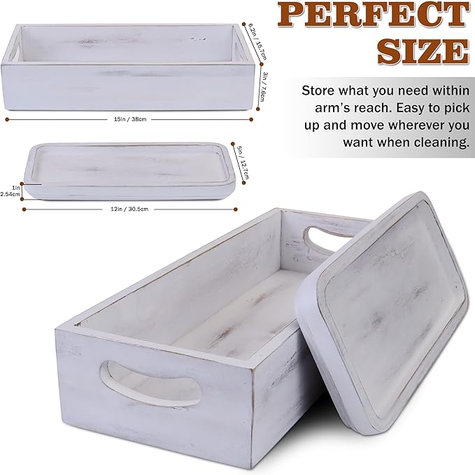 Toilet Tank Tray for Modern White Bathroom Decor Set of 2 Acacia Toilet Tank Topper Paper Storage Decorative Organizer Box Wood Vanity Tray for Counter Decor Dresser Tops (White)