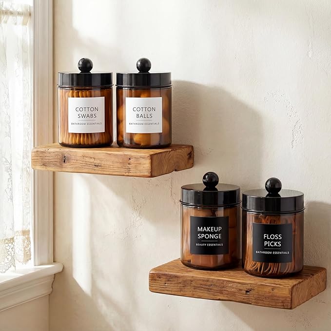 Amolliar Amber Glass Qtip Holder, Apothecary Jars with Black Plastic Lid & Stickers-Bathroom Qtip Dispenser Storage Organizer Set, Vanity Counter Cantainer for Cotton Swabs,Round Floss (2 Pack)