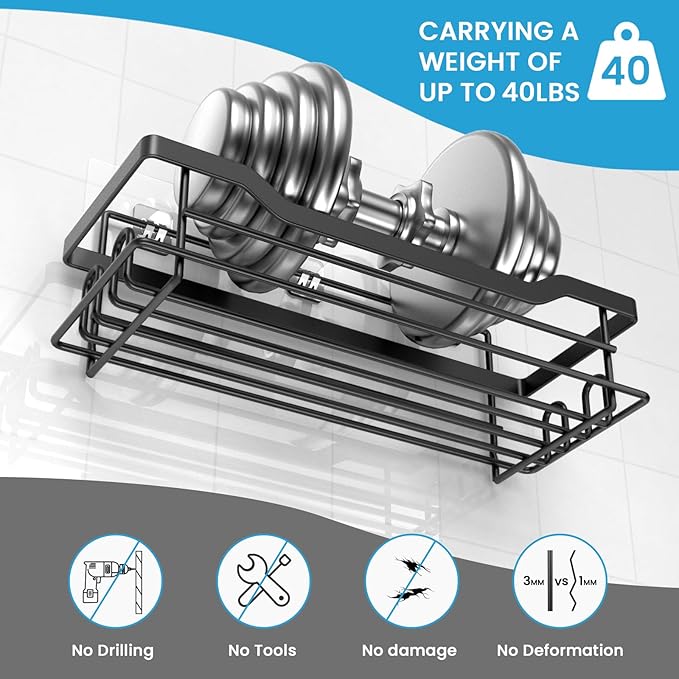 Shower Caddy Shelves Organizer Rack, Single Pack Shower Caddy,No Drilling Wall Mounted Self Adhesive Shower Shelves for Inside Shower, Matte Black