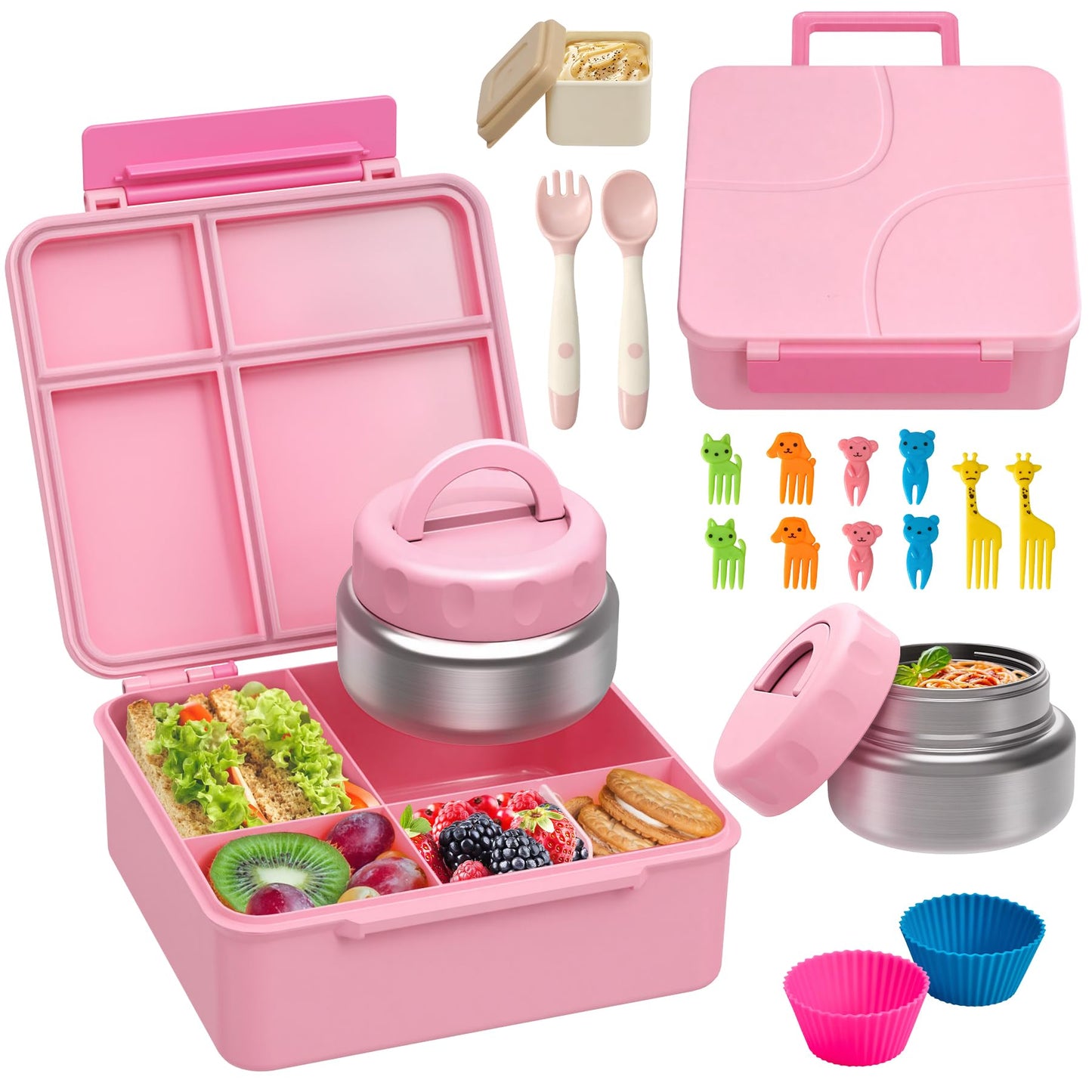 Bento Lunch Box with 9.5 oz Soup Thermo, Kids Leakproof 4 Compartments Bento Box with Silicone Cupcake,Fruit Fork,Spoon and Sauce Cup,Insulated Food Jar for School Travel-Blue