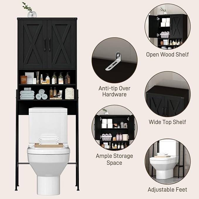 Vabches Over The Toilet Storage Cabinet, Farmhouse Over Toilet Storage Cabinet, Metal Frame with 2 Barn Doors, Home Space-Saving Toilet Rack for Bathroom, Toilet, Laundry Room,Black