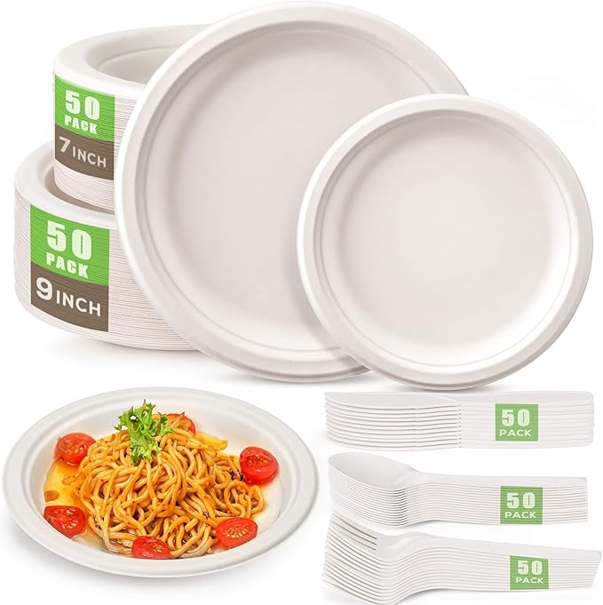 Gezond 250Pcs Disposable Paper Plates Compostable Plates and Utensils