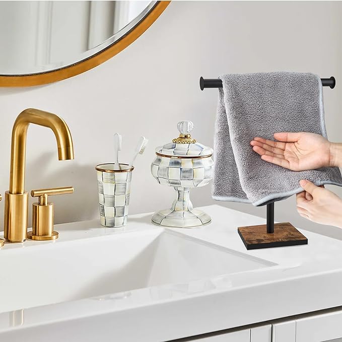 Hand Towel Holder Stand, Bathroom Hand Towel Rack with Weighted Base, T-Shape Standing Towel Racks, Farmhouse Countertop Towel Stand for Kitchen Counter, Rustic Black Brown