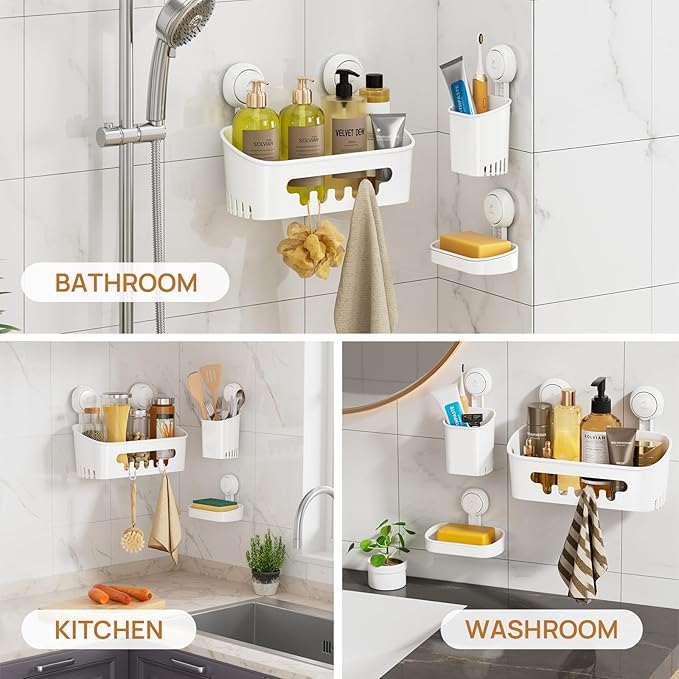 LEVERLOC Shower Caddy Suction Cup Set Shower Organizer & Soap Holder & Toothbrush Holder, Bathroom Shelf Basket NO-Drilling, Removable Suction Storage Waterproof Bathroom Caddy, White | Shower Organizer, Soap Holder, Toothbrush Holder, Removable Suctio...