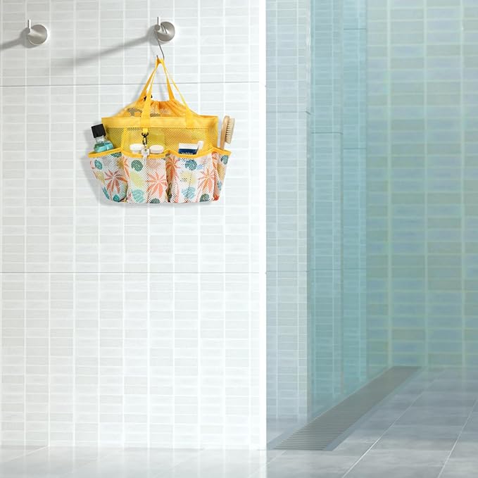 F-color Mesh Shower Caddy Portable with Drawstring - Large 8 Pockets Dorm Room Essentials for Guys Girls with S Hook, Shower Bag Basket Tote for College Camping Gym Travel Bathroom, Yellow Beach