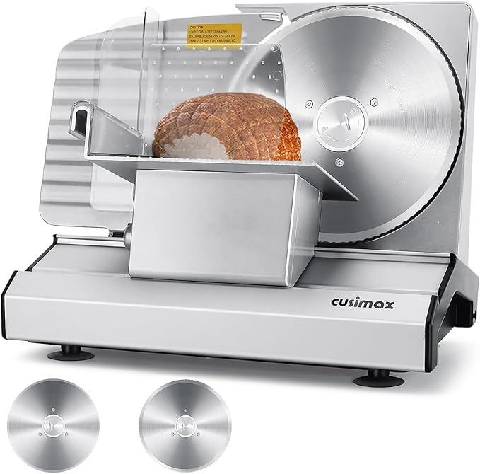 Meat Slicer,CUSIMAX Electric Deli Meat Slicer for Home,2 Removable 7.5''Stainless Steel Blades and Pusher,1-15mm Adjustable Thickness Food Slicer Easy for Cut Meat,Cheese,Bread