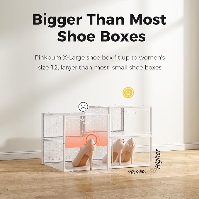 Pinkpum 18 Pack X-Large Shoe Storage Boxes Fit Size 12, Shoe Organizer for Closet Clear Plastic Stackable Shoe Dispaly Case Holder Bins, Sneaker Storage for Sneakerheads White