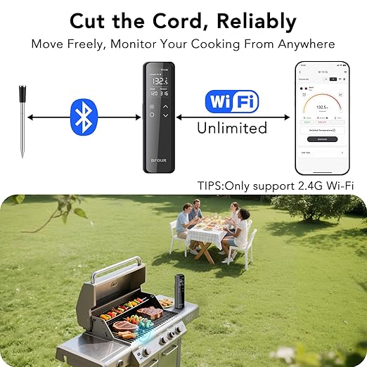 Wireless Meat Thermometer Bluetooth with Digital Standalone Base, WiFi Unlimited Range, 6 Precision Sensor, IP67 Waterproof and Heat Resistant, Kitchen Essentials for Oven BBQ Grilling and Smoking