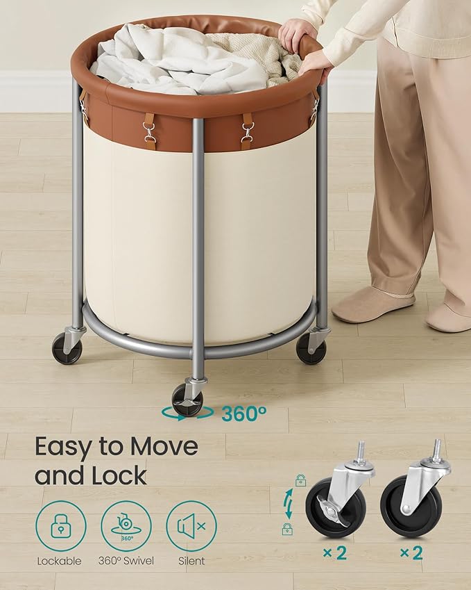 SONGMICS 50.2-Gallon (190 L) Laundry Basket with Wheels, Rolling Round Heavy-Duty Laundry Hamper Cart with Steel Frame and Removable Bag, 2 Locking Wheels, Coffee Brown and Cream White URLS001KQ02