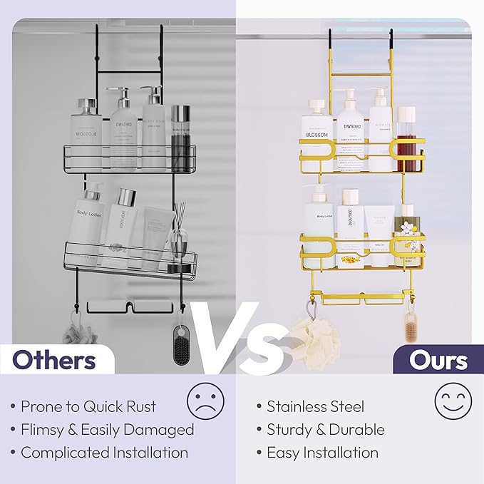 SWTYMIKI Over the Door Shower Caddy Hanging with Double Soap Holder, Hanging Shower Organizer with 16 Hooks, No Drilling Shower Shelves Over Door, Bathroom Rack and Storage, Gold