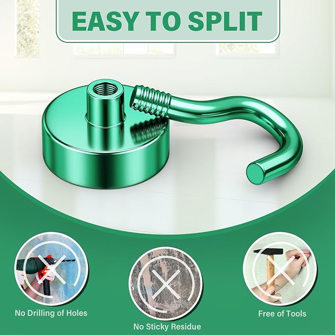 Magnetic Hooks, 8 Pack Strong Magnetic Hooks Cruise for Hanging, 25lbs Magnets with Hook for Cruise Cabins, Magnets for Whiteboard, Garage, Grill, Lock Accessories, Green
