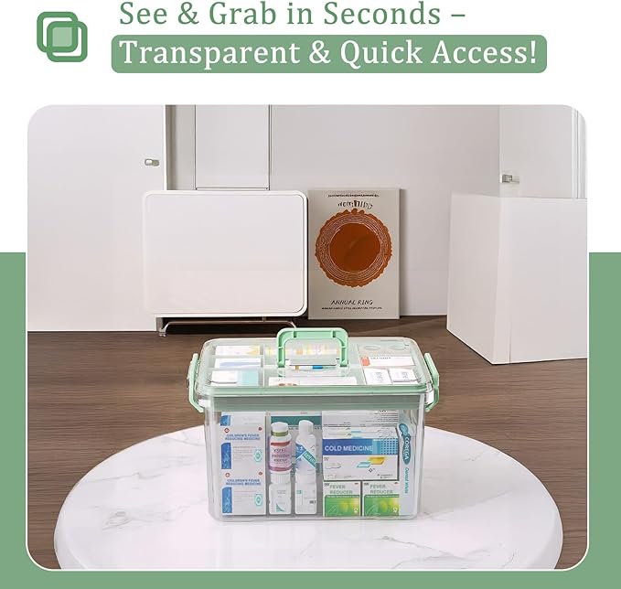 15QT Clear Medicine Organizer Box with Handle, Plastic Medicine Container with Tray First Aid Box Empty, Thickened Medicine Storage Organizer Multipurpose Medication Organizer Storage