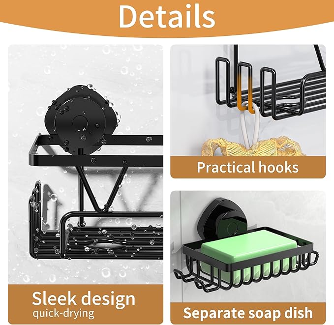 ZUNTO Suction Cup Shower Caddy with Extra Soap Holder, No Drill Shower Shelf Organizer Set with Hooks, Wall Mounted Storage Shelves Organizer for Bathroom and Kitchen, Pack of 2