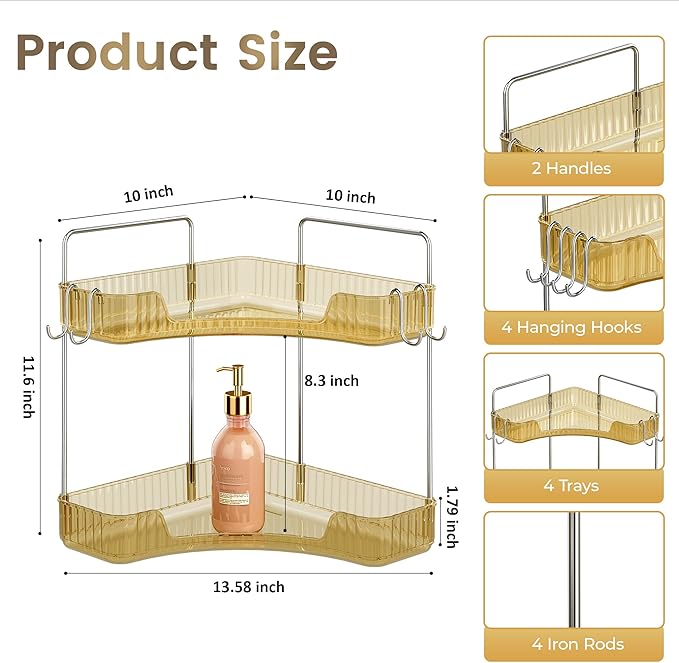 Golden Corner Counter Organizer, 2 - Tier Bathroom & Kitchen Storage Tray with Hooks | PET Vanity Organizer for Skincare, Makeup & Jewelry