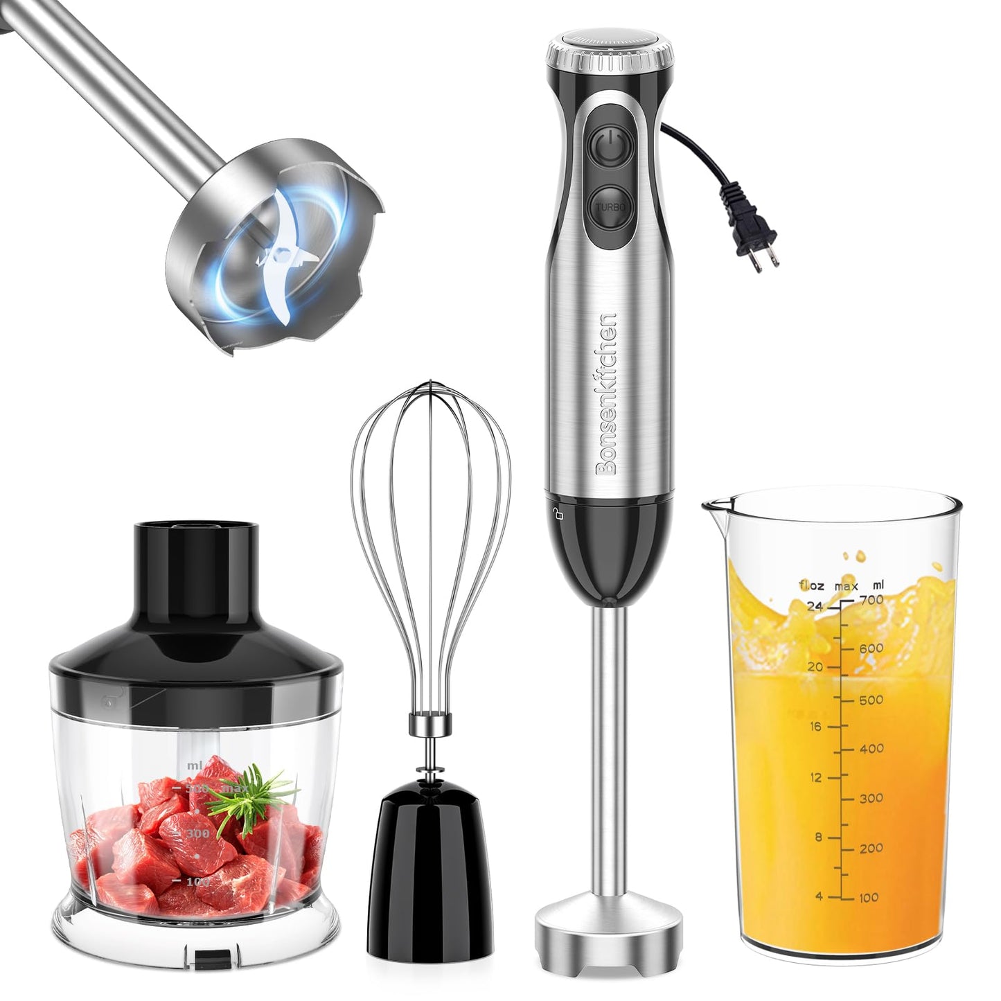 Bonsenkitchen 2-in-1 Immersion Handheld Blender with 20 Speeds & Turbo Mode
