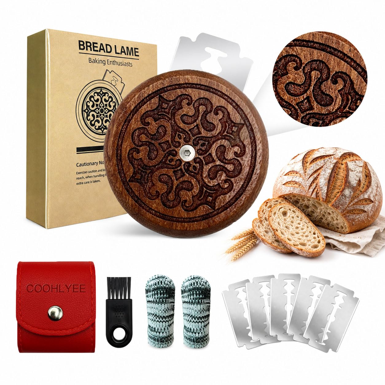 COOHLYEE UFO Bread Lame for Sourdough, Wooden Sourdough Scoring Tool with PU Storage Case, 5 Replaceable Blades and Finger Protectors, Bread Scorer for Homemade Bread Baking Gifts