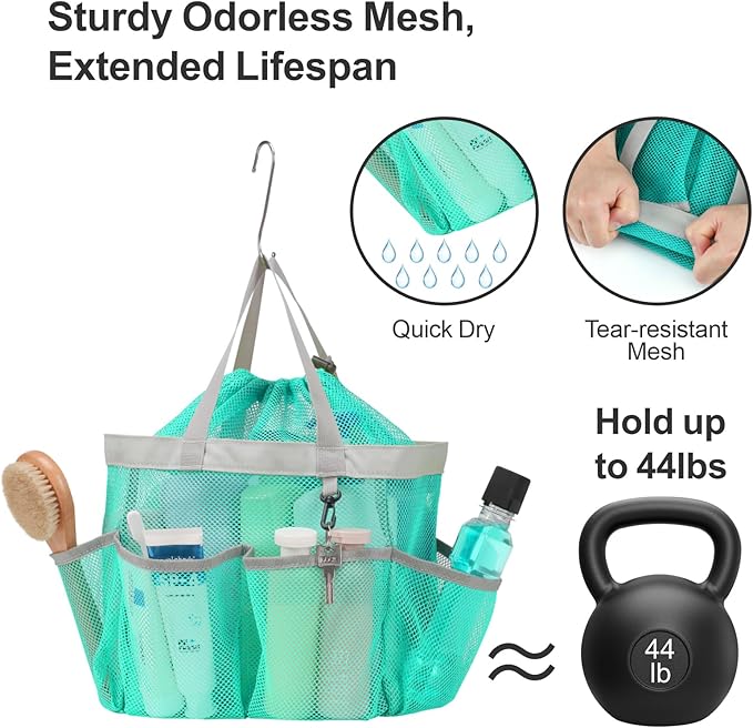 F-color Mesh Shower Caddy Portable with Drawstring - Large 8 Pockets Dorm Room Essentials for Guys Girls with S Hook, Shower Bag Basket Tote for College Camping Gym Travel Bathroom, 2 Pack Mint Green
