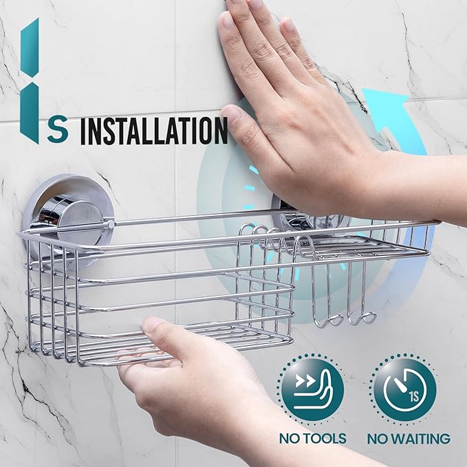 TAILI Suction Shower Caddy with 4 Hooks 1Tier-Silver