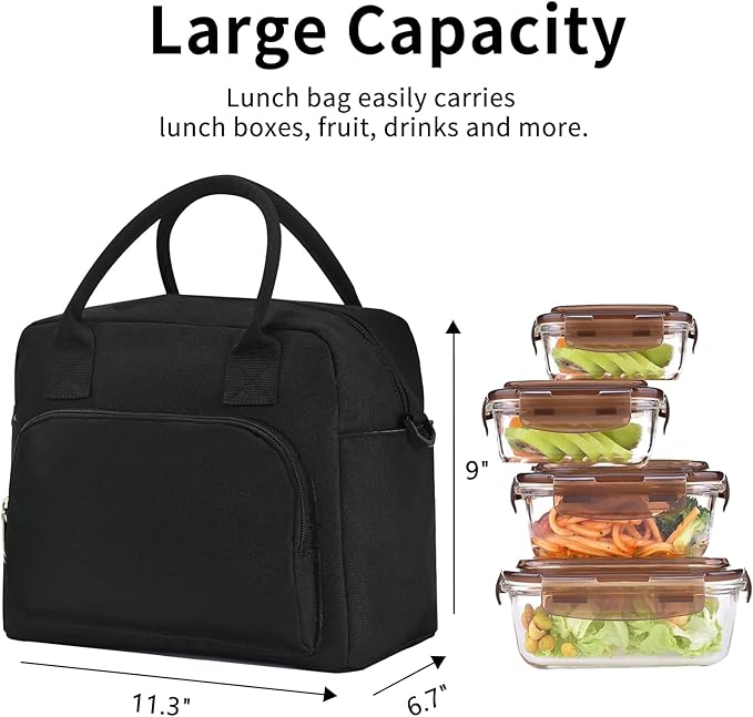 Lunch Bag Women Lunch Box for Women Adult Cute Insulated Lunch Bag Lager Cooler Lunch Tote Bags for Work Picnic (Black)
