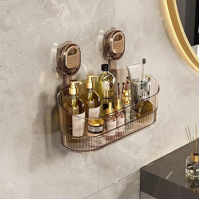 Clear Bathroom Shower Caddy, Wall Mount Storage Shelf with Suction Cups,Bathroom Storage Shelf 12.7x4.5x3.5 inchesLoad-bearing capacity: 22IB 1piece （Golden transparent）
